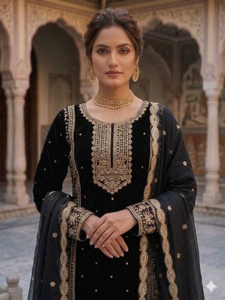 Trusted Manufacturer Black Heavy Fox Georgette Suit Set With Embroidered Dupatta Ready To Wear Collection