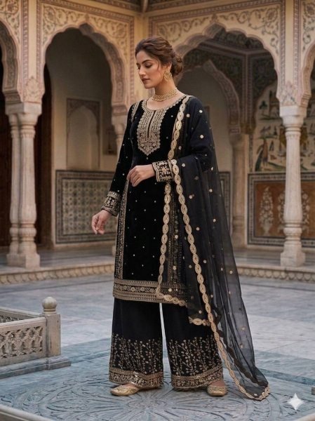 Trusted Manufacturer Black Heavy Fox Georgette Suit Set With Embroidered Dupatta Ready To Wear Collection