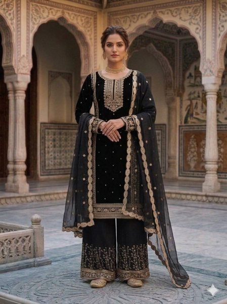 Trusted Manufacturer Black Heavy Fox Georgette Suit Set With Embroidered Dupatta Ready To Wear Collection