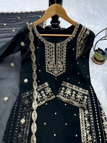 Trusted Manufacturer Black Heavy Fox Georgette Suit Set With Embroidered Dupatta Ready To Wear Collection