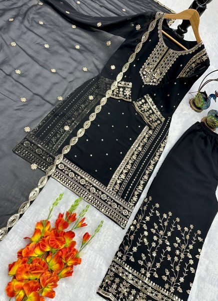 Trusted Manufacturer Black Heavy Fox Georgette Suit Set With Embroidered Dupatta Ready To Wear Collection