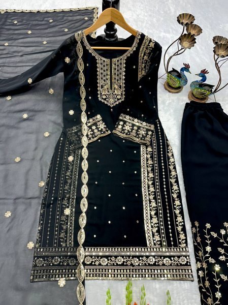 Trusted Manufacturer Black Heavy Fox Georgette Suit Set With Embroidered Dupatta Ready To Wear Collection