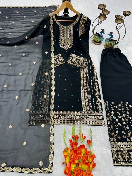 Trusted Manufacturer Black Heavy Fox Georgette Suit Set With Embroidered Dupatta Ready To Wear Collection