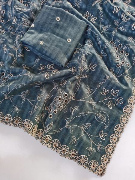 Teal Blue Pure Soft Silk Saree with Floral Handwork and Designer Cutwork Border For Party Silk Sarees Wholesale