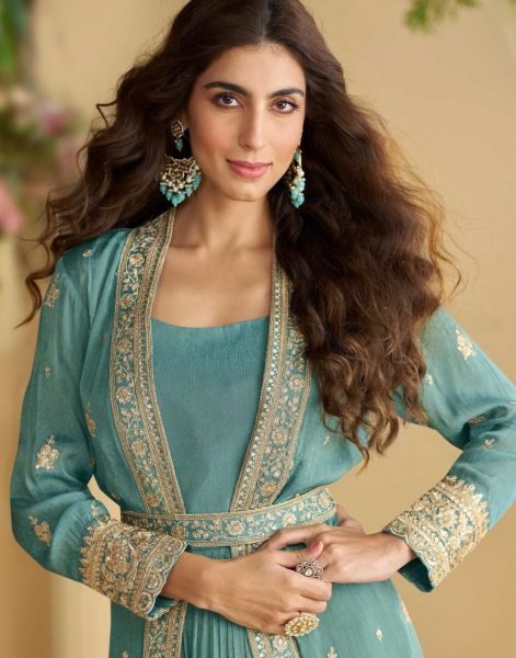 Tulip Design No.10094 Chinon Silk Gown with Front and Back Embroidered from Sayuri Brand Anarakali Gown Wholesale