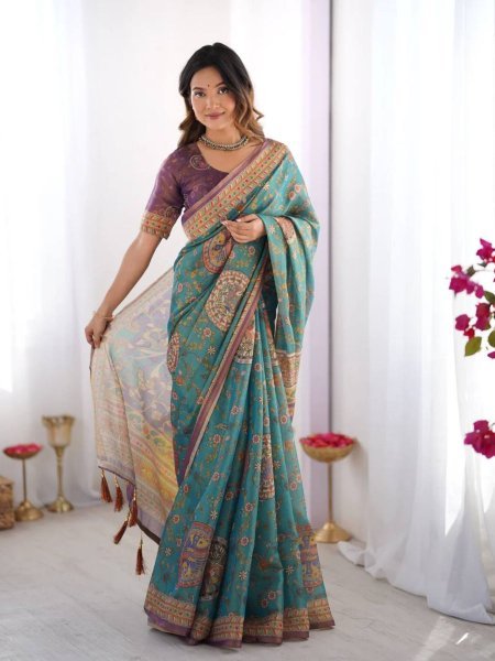 Turquoise Blue Designer Linen Cotton Floral Print Saree with Matching Unstitched Blouse 