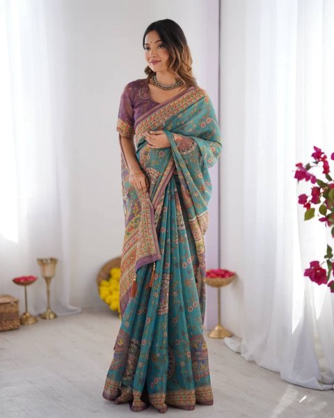 Turquoise Blue Designer Linen Cotton Floral Print Saree with Matching Unstitched Blouse Printed Cotton Sarees Wholesale