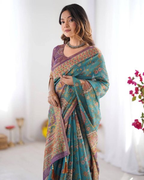 Turquoise Blue Designer Linen Cotton Floral Print Saree with Matching Unstitched Blouse Printed Cotton Sarees Wholesale
