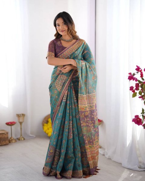 Turquoise Blue Designer Linen Cotton Floral Print Saree with Matching Unstitched Blouse Printed Cotton Sarees Wholesale
