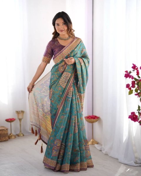 Turquoise Blue Designer Linen Cotton Floral Print Saree with Matching Unstitched Blouse Printed Cotton Sarees Wholesale