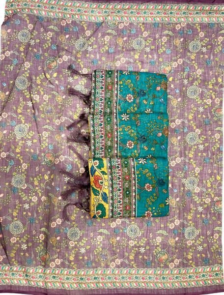 Turquoise Blue Designer Linen Cotton Floral Print Saree with Matching Unstitched Blouse Printed Cotton Sarees Wholesale