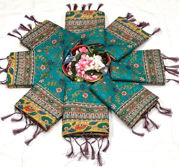 Turquoise Blue Designer Linen Cotton Floral Print Saree with Matching Unstitched Blouse Printed Cotton Sarees Wholesale