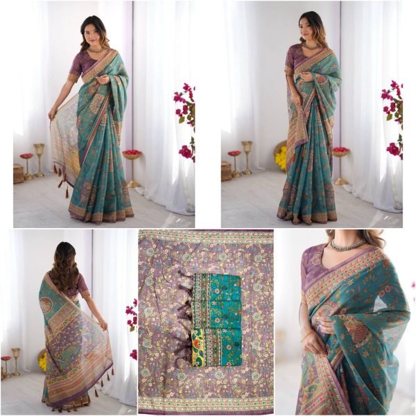 Turquoise Blue Designer Linen Cotton Floral Print Saree with Matching Unstitched Blouse Printed Cotton Sarees Wholesale