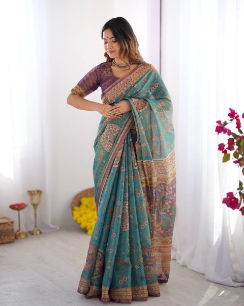 Turquoise Blue Designer Linen Cotton Floral Print Saree with Matching Unstitched Blouse Printed Cotton Sarees Wholesale