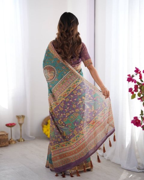 Turquoise Blue Designer Linen Cotton Floral Print Saree with Matching Unstitched Blouse Printed Cotton Sarees Wholesale