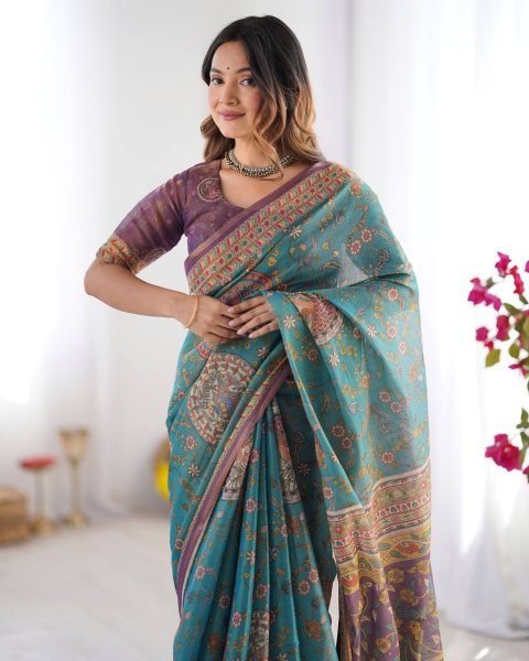Turquoise Blue Designer Linen Cotton Floral Print Saree with Matching Unstitched Blouse Printed Cotton Sarees Wholesale