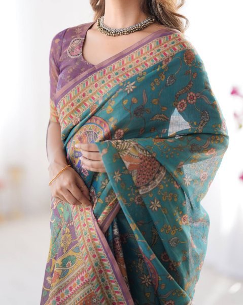 Turquoise Blue Designer Linen Cotton Floral Print Saree with Matching Unstitched Blouse Printed Cotton Sarees Wholesale