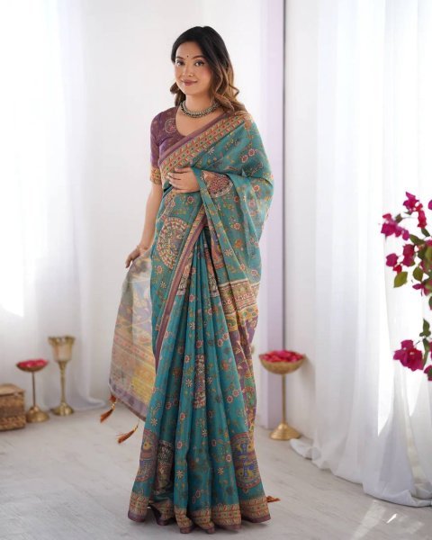 Turquoise Blue Designer Linen Cotton Floral Print Saree with Matching Unstitched Blouse Printed Cotton Sarees Wholesale