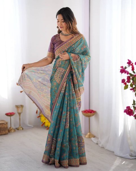 Turquoise Blue Designer Linen Cotton Floral Print Saree with Matching Unstitched Blouse Printed Cotton Sarees Wholesale