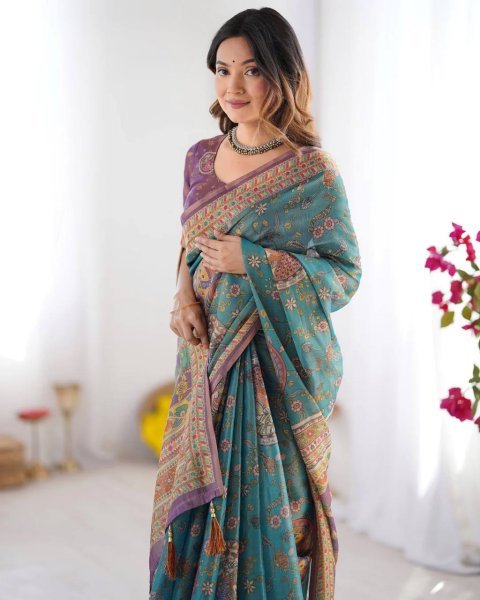 Turquoise Blue Designer Linen Cotton Floral Print Saree with Matching Unstitched Blouse Printed Cotton Sarees Wholesale