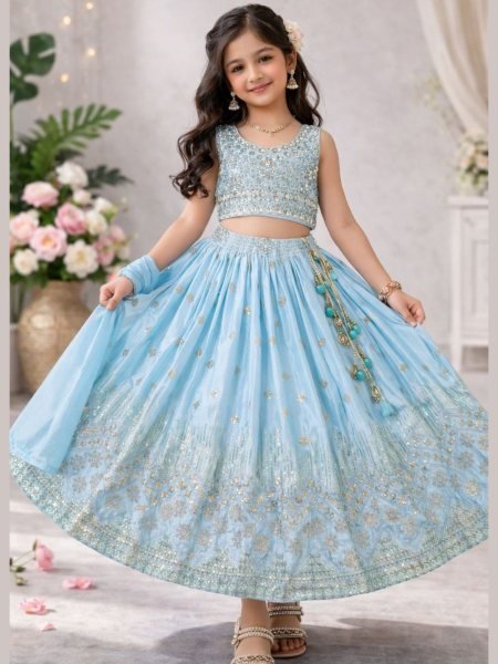 Turquoise Blue Embroidered Festive Lehenga Choli for Girls  Kurtis
