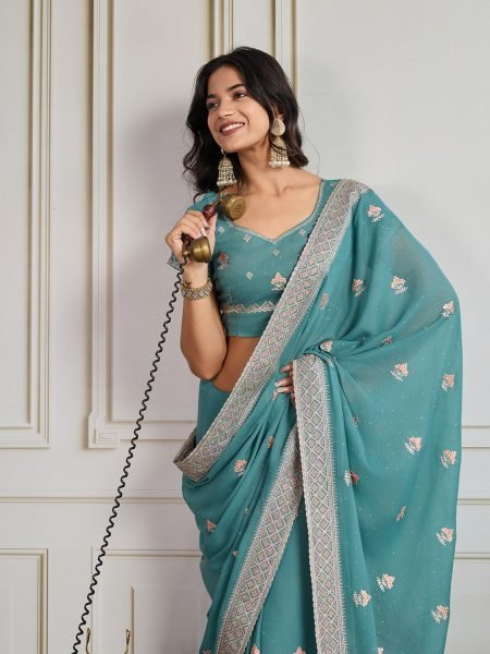 Turquoise Blue Embroidered Star Georgette Saree with Elegant Piping Border Festive Favorite  Georgette Sarees Wholesale