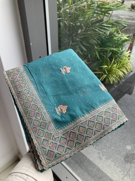 Turquoise Blue Embroidered Star Georgette Saree with Elegant Piping Border Festive Favorite  Georgette Sarees Wholesale