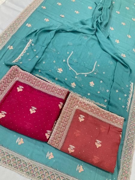 Turquoise Blue Embroidered Star Georgette Saree with Elegant Piping Border Festive Favorite  Georgette Sarees Wholesale