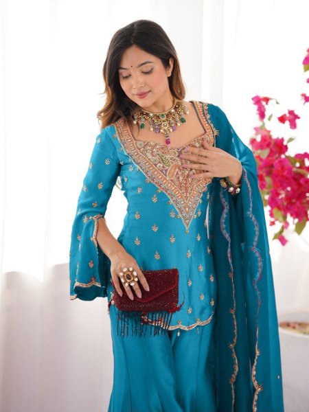 Turquoise Blue Simar Silk Palazzo Set with Sequins and Dupatta Latest 2025 Edition Ready To Wear Suit