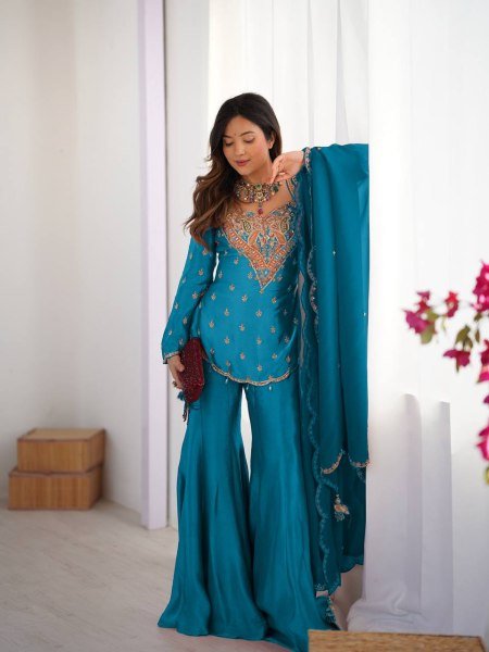 Turquoise Blue Simar Silk Palazzo Set with Sequins and Dupatta Latest 2025 Edition Ready To Wear Collection