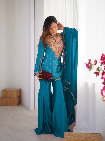 Turquoise Blue Simar Silk Palazzo Set with Sequins and Dupatta Latest 2025 Edition Ready To Wear Collection