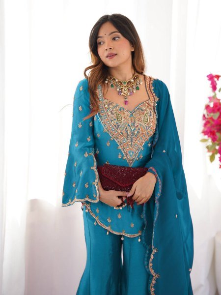 Turquoise Blue Simar Silk Palazzo Set with Sequins and Dupatta Latest 2025 Edition Ready To Wear Collection