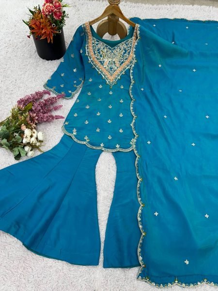 Turquoise Blue Simar Silk Palazzo Set with Sequins and Dupatta Latest 2025 Edition Ready To Wear Collection
