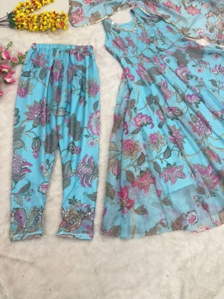 Turquoise Blue Taby Silk Floral Suit Set with Mirror Work Dupatta Party Collection Ready To Wear Collection