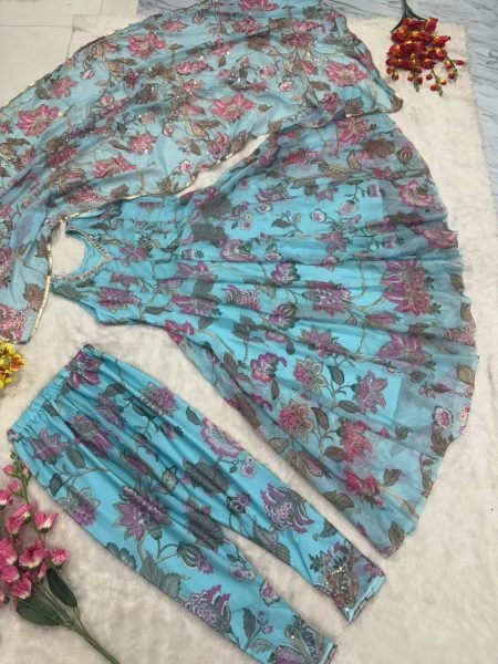 Turquoise Blue Taby Silk Floral Suit Set with Mirror Work Dupatta Party Collection Ready To Wear Collection