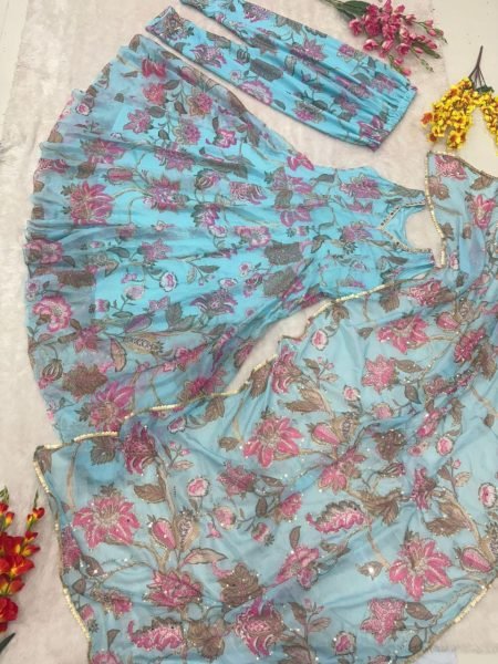Turquoise Blue Taby Silk Floral Suit Set with Mirror Work Dupatta Party Collection Ready To Wear Collection