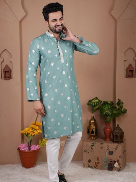 Turquoise Embroidered Kurta Pajama Set for Men at Best Wholesale Price Mens Wear