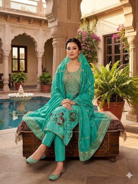 Turquoise Modal Jacquard Booti Suit Set with Coding Sequin Work for Festive Wear Dress Material 