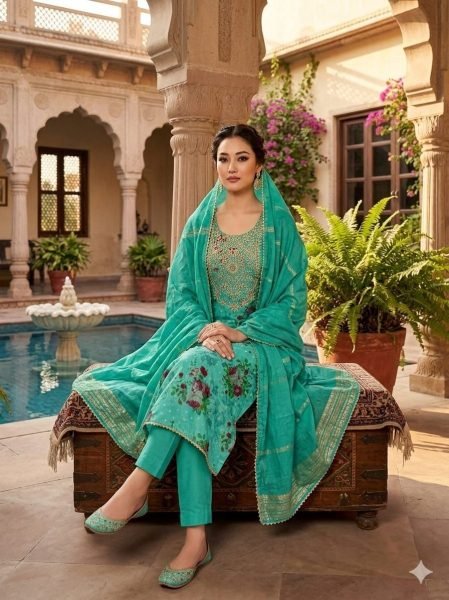 Turquoise Modal Jacquard Booti Suit Set with Coding Sequin Work for Festive Wear Punjabi Dress Materials Wholesale