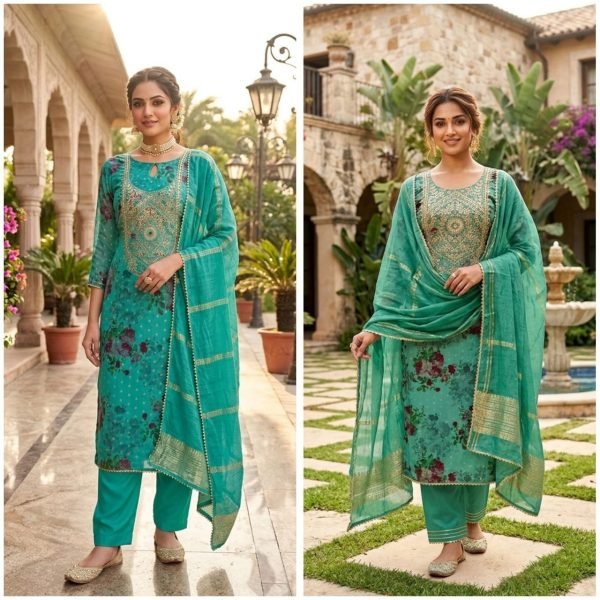 Turquoise Modal Jacquard Booti Suit Set with Coding Sequin Work for Festive Wear Punjabi Dress Materials Wholesale