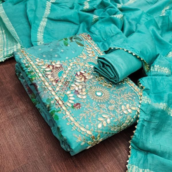Turquoise Modal Jacquard Booti Suit Set with Coding Sequin Work for Festive Wear Punjabi Dress Materials Wholesale