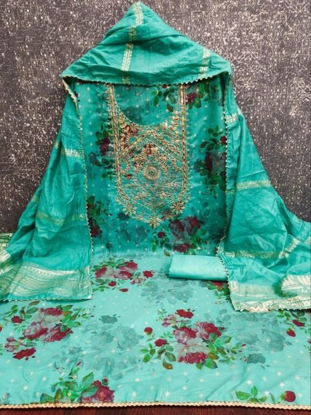 Turquoise Modal Jacquard Booti Suit Set with Coding Sequin Work for Festive Wear Punjabi Dress Materials Wholesale