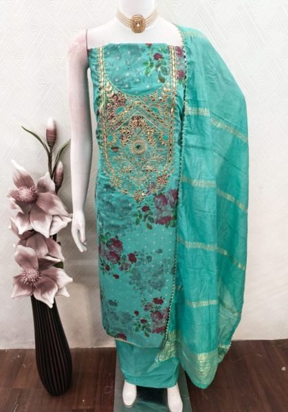 Turquoise Modal Jacquard Booti Suit Set with Coding Sequin Work for Festive Wear Punjabi Dress Materials Wholesale