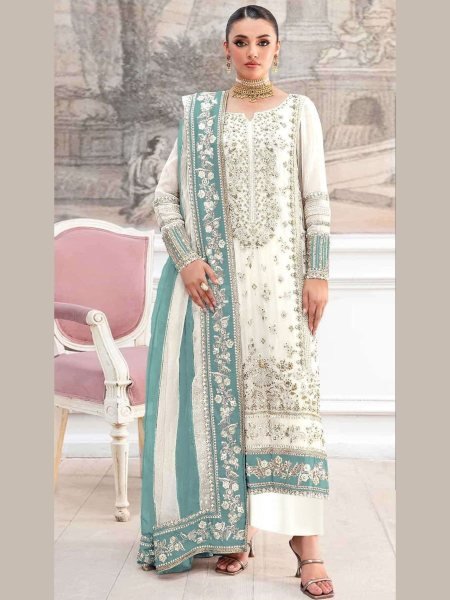 Turquoise Net Kameez Palazzo Suit for Indian Wedding & Pakistani Festival  Salwar Kameez