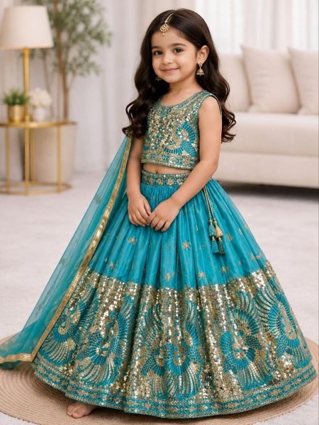 Turquoise Party Wear Sindur Silk Lehenga Choli with Designer Sequins Work 