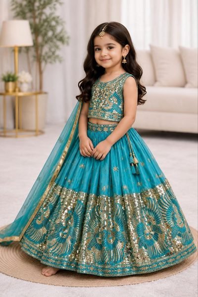 Turquoise Party Wear Sindur Silk Lehenga Choli with Designer Sequins Work Girls Wear