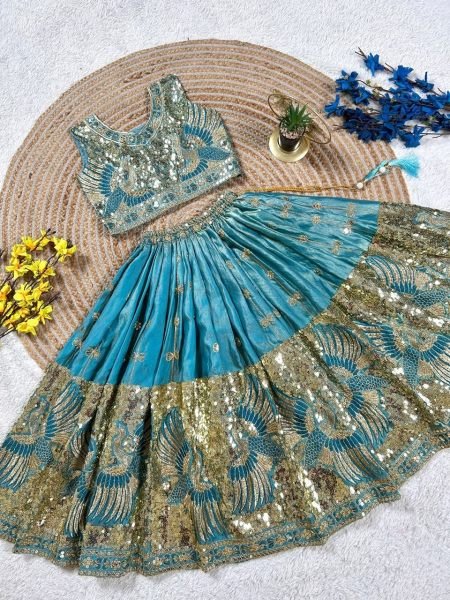 Turquoise Party Wear Sindur Silk Lehenga Choli with Designer Sequins Work Girls Wear
