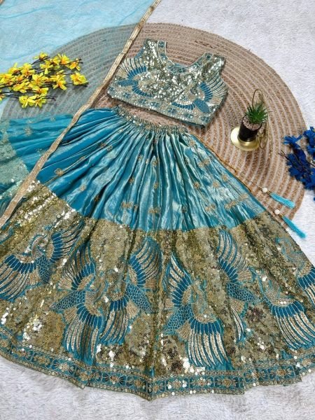 Turquoise Party Wear Sindur Silk Lehenga Choli with Designer Sequins Work Girls Wear