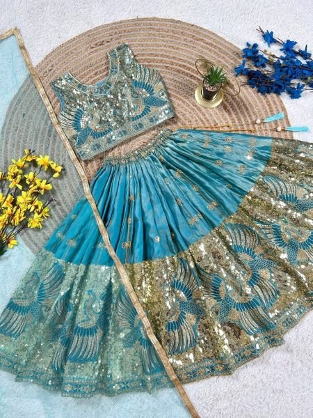 Turquoise Party Wear Sindur Silk Lehenga Choli with Designer Sequins Work Girls Wear