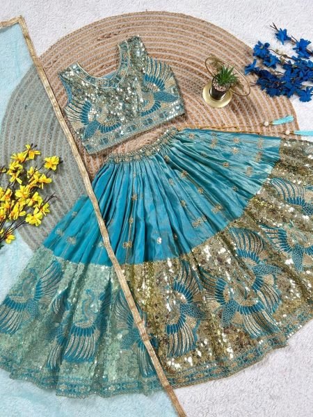 Turquoise Party Wear Sindur Silk Lehenga Choli with Designer Sequins Work Girls Wear